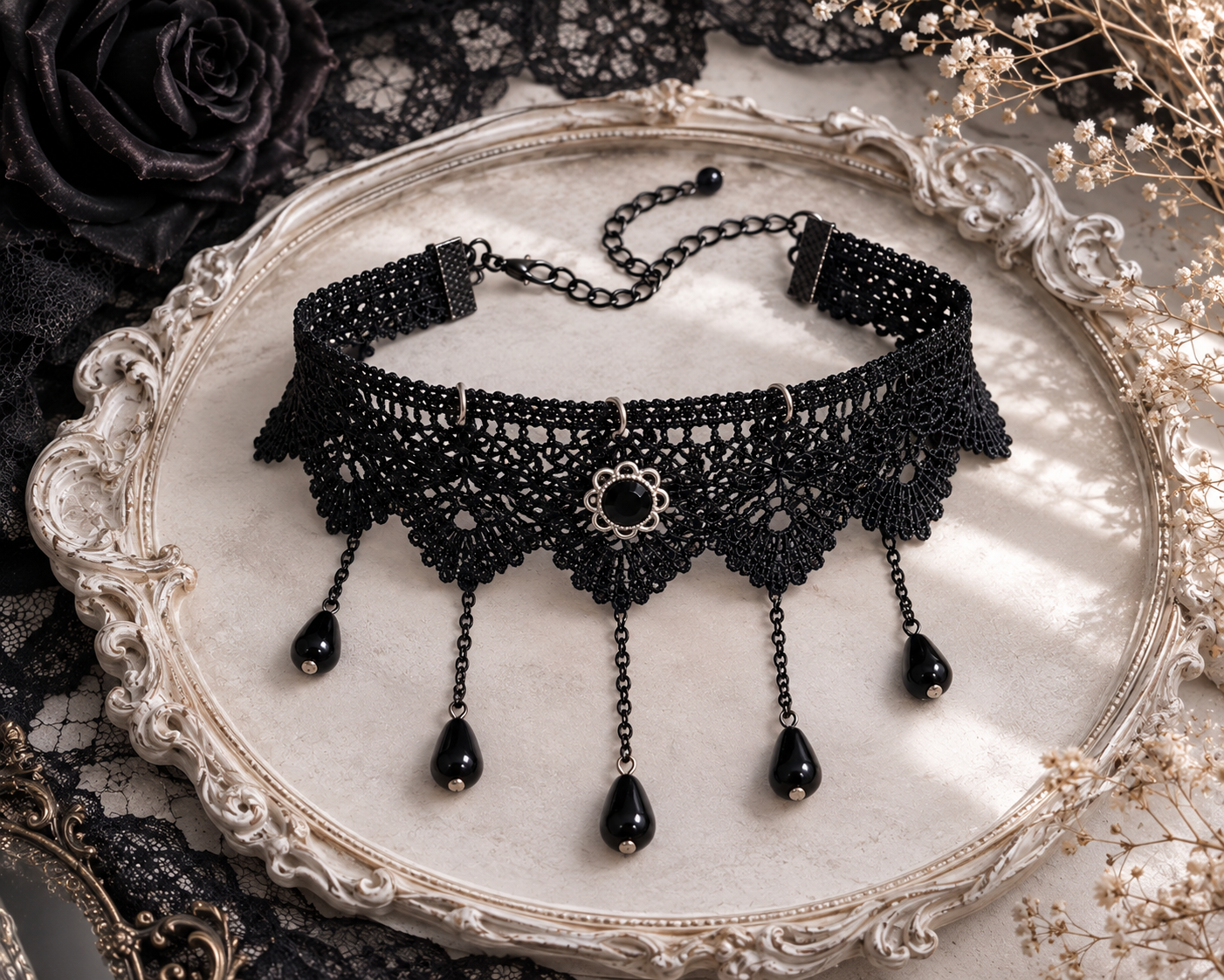 Gargantilla de Croché Negro Gótico con Lágrimas Colgantes